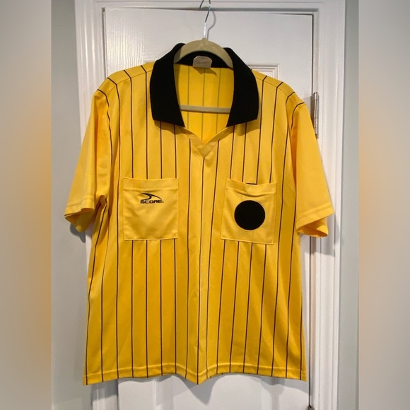 Score Size Adult Medium Yellow Black Stripe Short Sleeve Soccer Referee Jersey - Picture 1 of 11